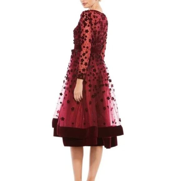 Mac‎ Duggal Embellished Floral Velvet Long Sleeve Dress Burgundy 16 - Picture 3 of 10